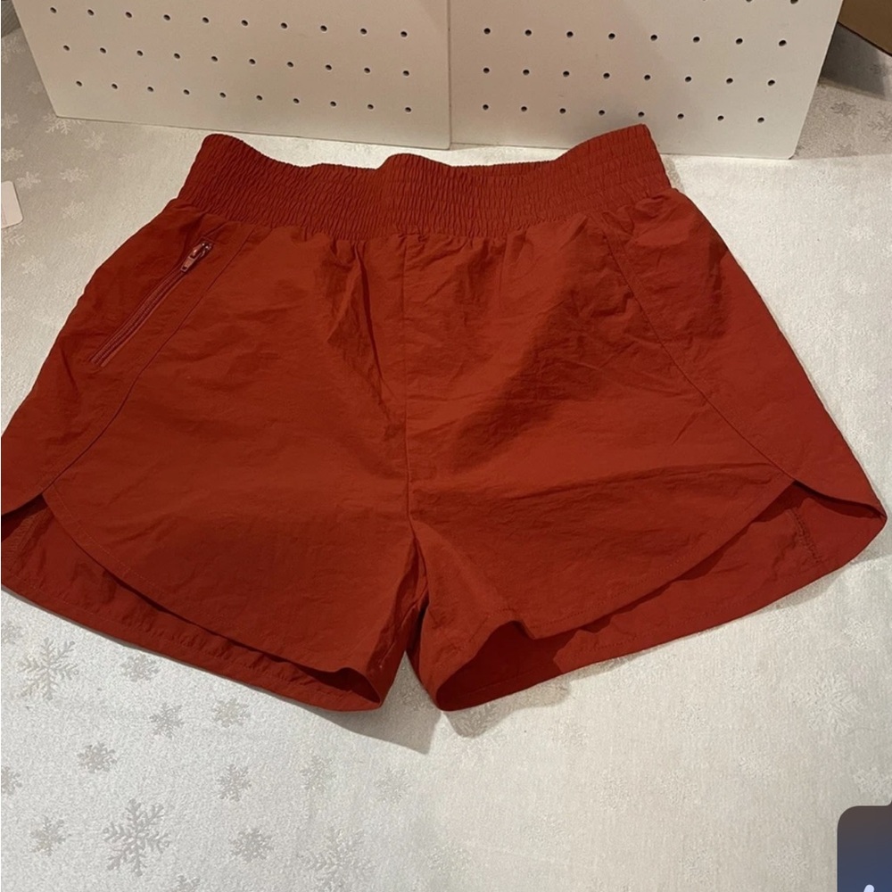 Zenana Burnt Orange Windbreaker Smocked High Waist Band Pocket  Running Shorts
